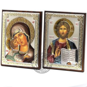 Lord Jesus Christ Pantocrator Mother Of God Vladimir, Handmade, Set Of Orthodox Icons, Silver Plated 999 Gift case. B414