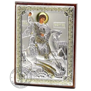 Saint George Warrior, Christian Orthodox Wood Icon Silver Plated 999 Handmade 8cm X 11cm, Christian Silver Handmade icon, Gift box. B422