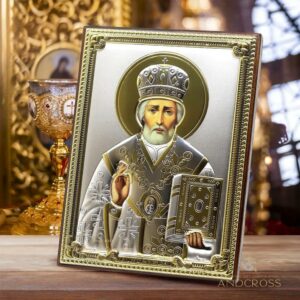 Saint Nicholas the Wonderworker, Handmade Christian Orthodox wood Icon 999 Silver Plated, Gift box, Christian Wood Icon. B162
