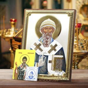The Saint Spyridon Bishop of Trimythous Silver Icon and Filakto Christian Orthodox icon, Handmade, Gift box. B409