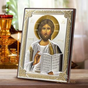 Jesus Christ Pantocrator, Handmade Orthodox Christian Icon Wood and Silver Plating 999 Handmade, gift case. B166