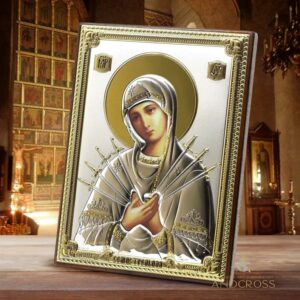 Mother of God of the Seven Arrows, Wooden Christian Orthodox Icon 999 Silver-Plated, Handmade, Gift box, Queen of Heaven Seven Arrows. B375