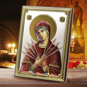 The Theotokos icon of the Seven Arrows, Wooden Christian Orthodox Icon 999 Silver Plated, Handmade, Gift box, Mother of God. B163