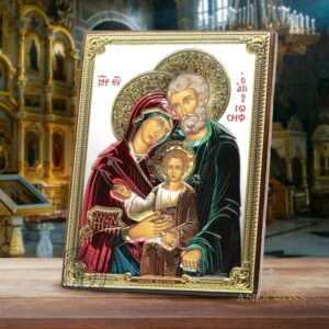The Holy Family, Jesus, the Virgin Mary and Saint Joseph, Christian Icon Handmade Silver 999 Plated Icon, Gift box, Handmade. B382
