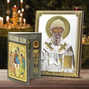 Saint Spyridon the Wonderworker, Christian Orthodox Icon Silver 999 Wood, Handmade, Gift box, 12 rare postcards Russian Icon. B394