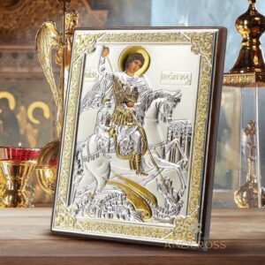 Saint George Warrior, Wooden Orthodox Icon Silver Plated 999 13cm X 18cm Handmade, Christian Silver Handmade Icon, Gift box. B158