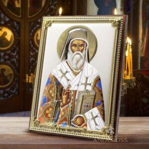 Saint Nectarios Wooden Christian Orthodox Icon Silver Plated 999 Handmade, Christian Silver Handmade Icon, Gift box. B167