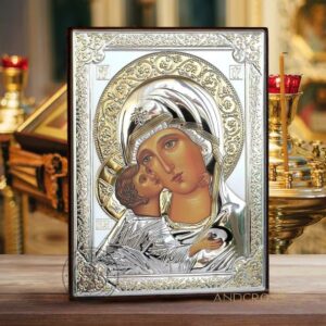 Medium Wooden Russian Orthodox Icon Mother of God Vladimir. Silver Plated .999 Oklad ( 5.12″ X 7.1″ ) 13cm X 18cm. B261|Import placeholder for 27184|Import placeholder for 27184|Import placeholder for 27184