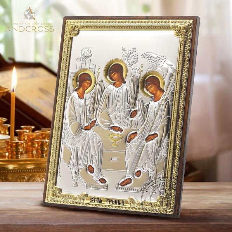 Holy Trinity Icon Handmade Christian Wooden Orthodox Icon Silver Plated 999 Silver