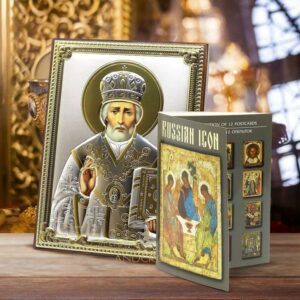 Saint Nicholas the Wonderworker, Handmade Christian Orthodox wood Icon 999 Silver Plated, Gift box, 12 rare postcards Russian Icon. B393