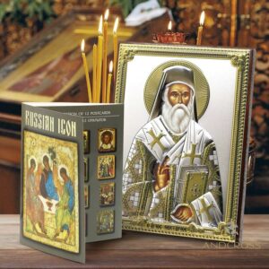 Saint Nektarios Orthodox Wooden Icon Silver Plated 999 Handmade, Gift case, 12 rare postcards Russian icon five languages. B391