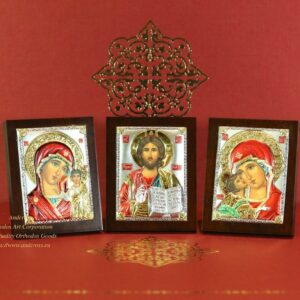 Set of 3 Small Russian Orthodox Icons Lord Jesus Christ Mother of God Kazan Mother of God Vladimir. Silver Plated .999. B260
