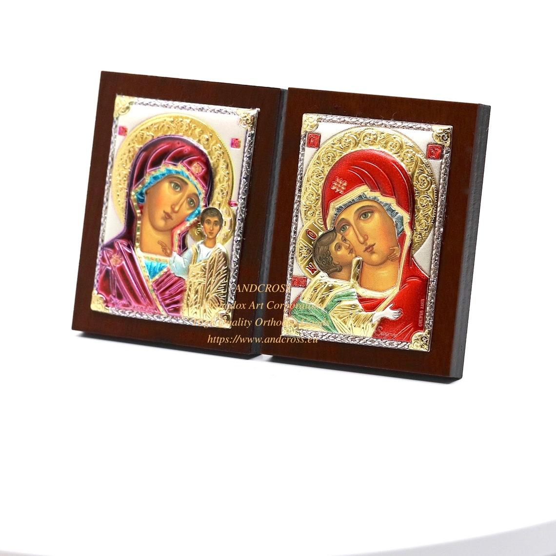 Set of 2 Small Russian Orthodox Icons Mother of God Kazan
