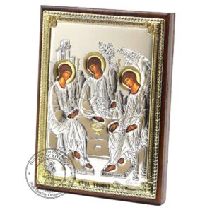 Handmade wood Orthodox Icon Holy Trinity. Silver Plated .999 Wooden Icon ( 3.1" X 4.3" ) 8cm X 11cm. Handmade. Silver Plated .999 Gift box. B207