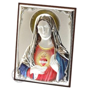 Christian Wood Icon The Immaculate Heart Of Mary. Silver Plated .999 Oklad Riza ( 7.0" X 5.2" ) 18cm X 13cm. B290
