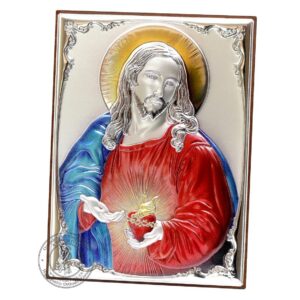 Christian Wood Icon The Sacred Heart Of Jesus. Silver Plated .999 Oklad Riza ( 7.0" X 5.2" ) 18cm X 13cm. B291