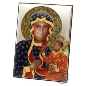Christian Wood Icon Our Lady of Czestochowa. Silver Plated .999 Oklad Riza ( 7.0" X 5.2" ) 18cm X 13cm. B257