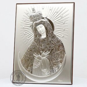Christian Wood Icon Our Lady of the Gate of Dawn ( Ostrobramskaya ). Silver Plated .999 Oklad Riza ( 7.0" X 5.2" ) 18cm X 13cm. B254