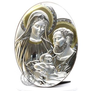 Large Christian Wood Icon Holy Family with Baby Jesus. Silver Plated .999 Oklad Riza ( 13.1" X 9.9" ) 33cm X 25cm. B253