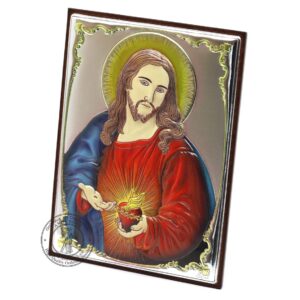 Christian Wood Icon The Sacred Heart Of Jesus. Silver Plated .999 Oklad Riza ( 3.4" X 4.5" ) 8.6cm X 11.3cm. B293