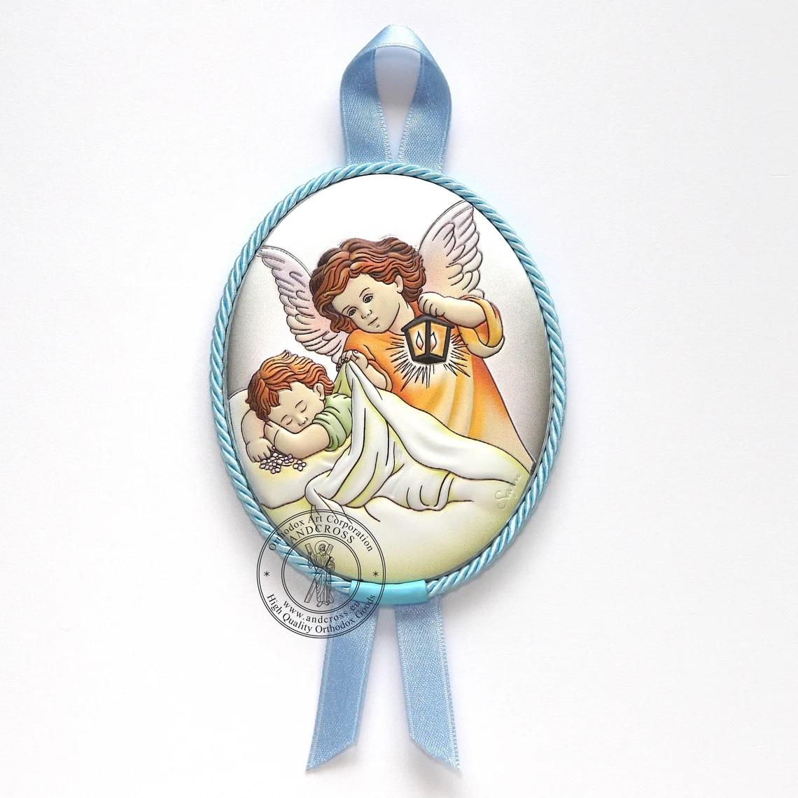 Import placeholder for 27325|Import placeholder for 27325|Import placeholder for 27325|Baby Catholic Wood Icon Guardian Angel Praying Over Baby. Silver Plated .999 ( 3.5″ X 2.8″ ) 9cm X 7cm ( For Boys ). B281