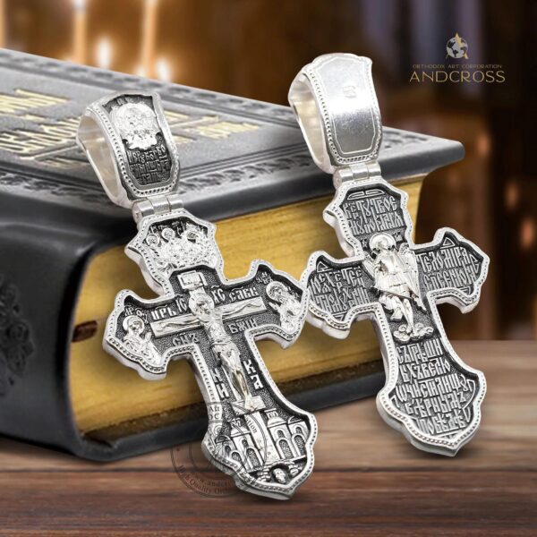 Silver 925 Orthodox Cross Archangel Michael Holy Trinity Big Christian Baptism Prayer Cross Necklace And Saints Greek Orthodox Crucifix. B506