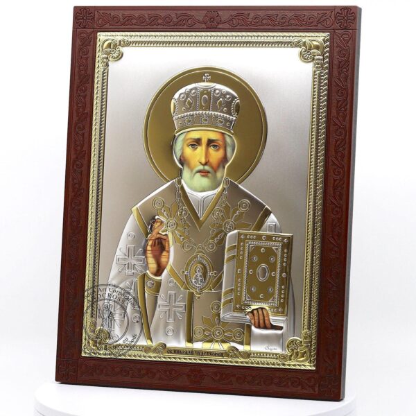 Large Wooden Russian Orthodox Icon St Nicholas Wonderworker, Silver Plated 999 handmade ( 11.7" X 9.2" ) 30cm X 23.5cm. B485