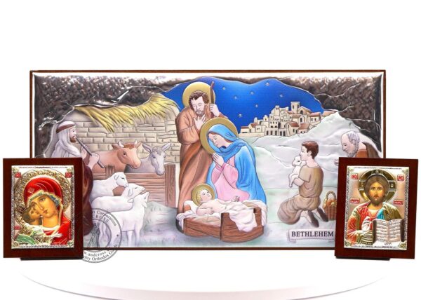 Nativity of Christ Icon + 2 Small Icons Set, Christian Icon Silver Plated 999 ( 9.1" X 4.6" ) 23cm X 11.7cm. B484