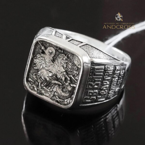 Orthodox Christian Men Ring Saint George Warrior & Dragon Signet Russian Greek Prayer Sterling Silver 925 Religious Authentic Jewelry. B496