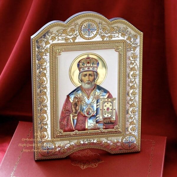 THE SAINT NICHOLAS WONDERWORKER 21×28 GOLD AND SILVER 999 ORTHODOX ICON /COLOURED VERSION, B273