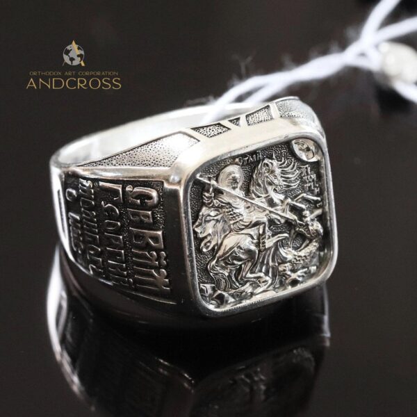 Orthodox Christian Men Ring Saint George Warrior & Dragon Signet Russian Greek Prayer Sterling Silver 925 Religious Authentic Jewelry. B496 - Image 2