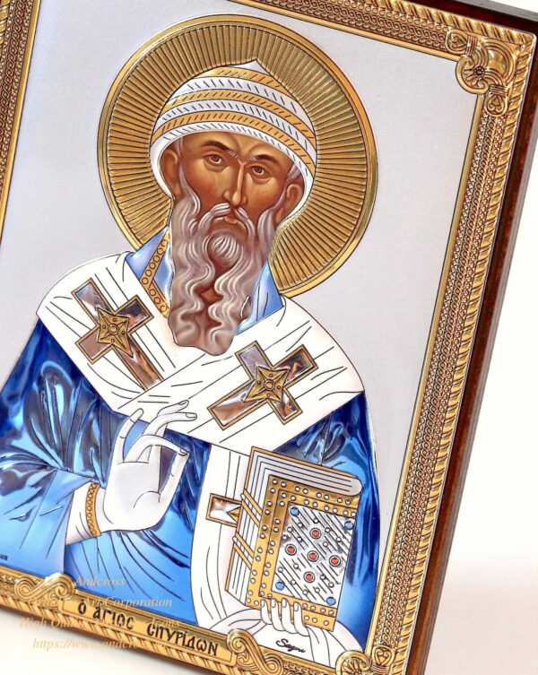 The Icon Of Saint Spyridon Bishop of Trimythous, Orthodox Gift Set With Silver Plated 999 icon, Version coloured, handmade, Saint Spyridon. B457 - Image 2