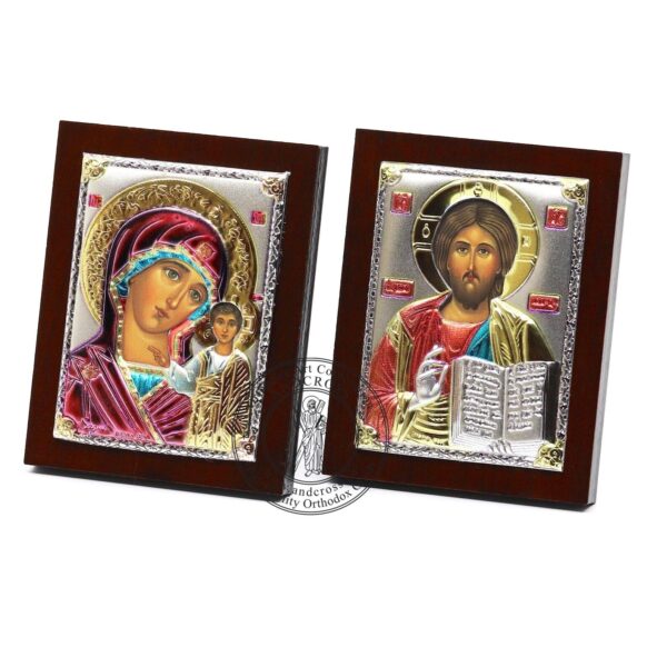 Orthodox Wedding Icon Set Christ Pantocrator and Our Lady of Kazan, Candles 2 Silver icons, Plated 999 handmade consecrated. B452 - Image 7