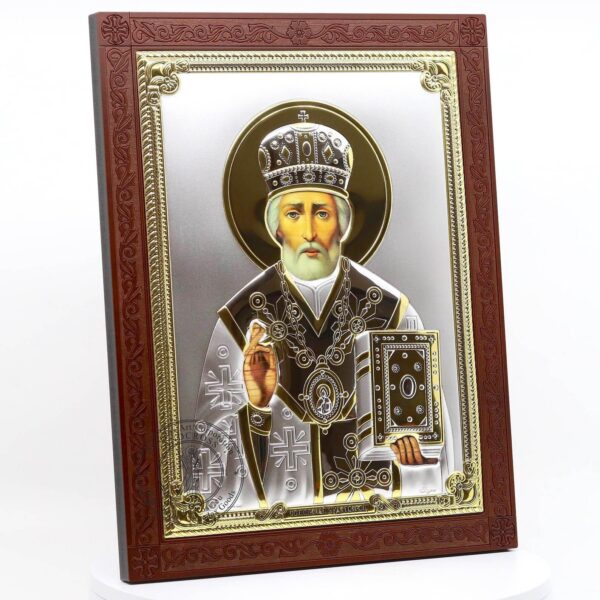 Large Wooden Russian Orthodox Icon St Nicholas Wonderworker, Silver Plated 999 handmade ( 11.7" X 9.2" ) 30cm X 23.5cm. B485 - Image 2