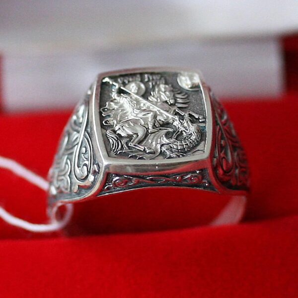 Saint George Warrior & Dragon Russian Greek Orthodox Prayer Ring Sterling Silver 925. Authentic Christian Jewelry. B495 - Image 2