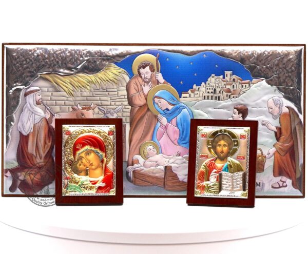 Nativity of Christ Icon + 2 Small Icons Set, Christian Icon Silver Plated 999 ( 9.1" X 4.6" ) 23cm X 11.7cm. B484 - Image 2