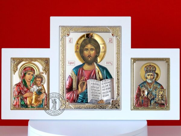 Christian Wooden Triptych With Silver Plated Icons Virgin Mary, Jesus Christ and Saint Nicholas, HandMade + Gift Box. B488 - Image 2