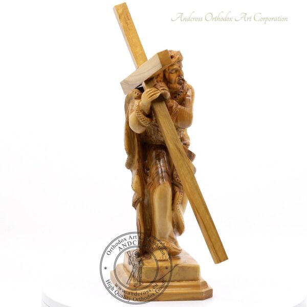 Large Hand Carved Jesus Holding, The Cross Statue, Bethlehems Olive Wood, Made in Israel, handmade, consecrated. B451 - Image 3