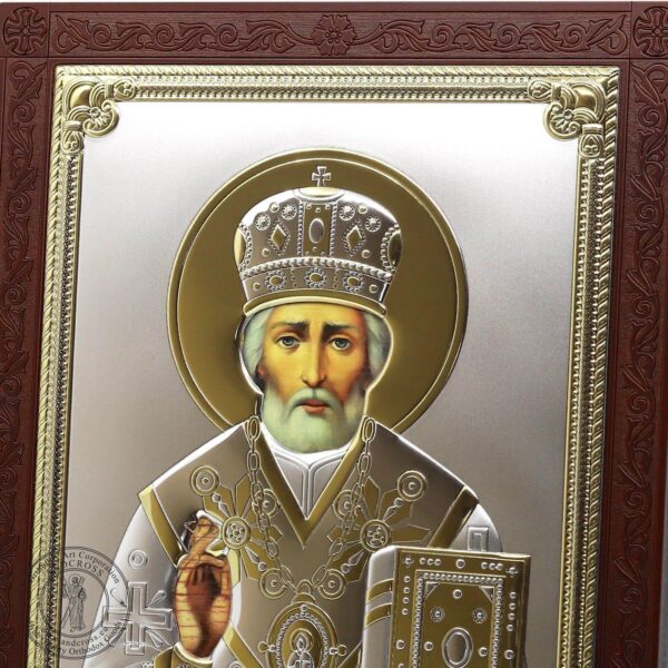 Large Wooden Russian Orthodox Icon St Nicholas Wonderworker, Silver Plated 999 handmade ( 11.7" X 9.2" ) 30cm X 23.5cm. B485 - Image 3