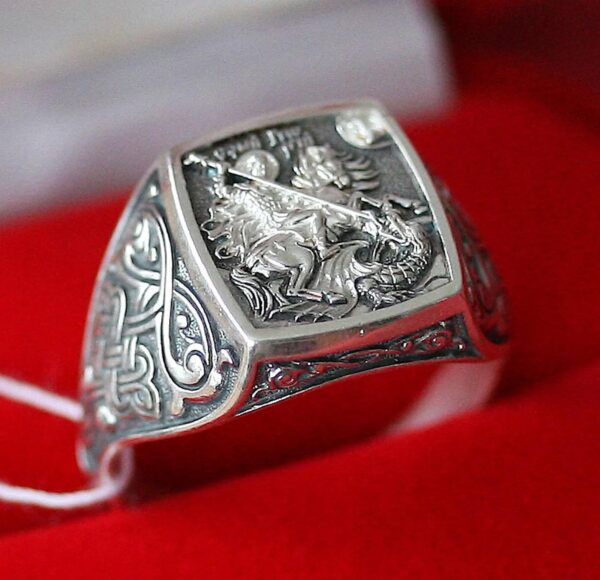 Saint George Warrior & Dragon Russian Greek Orthodox Prayer Ring Sterling Silver 925. Authentic Christian Jewelry. B495 - Image 3