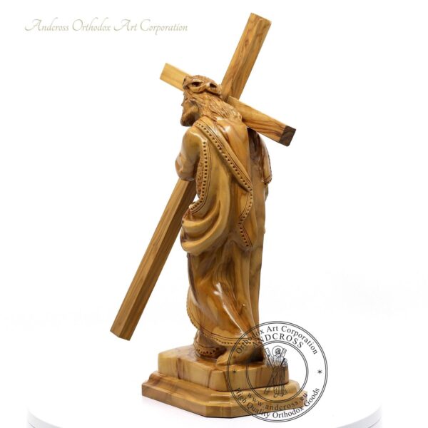 Large Hand Carved Jesus Holding, The Cross Statue, Bethlehems Olive Wood, Made in Israel, handmade, consecrated. B451 - Image 2