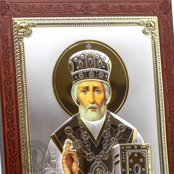 Large Wooden Russian Orthodox Icon St Nicholas Wonderworker, Silver Plated 999 handmade ( 11.7" X 9.2" ) 30cm X 23.5cm. B485 - Image 4