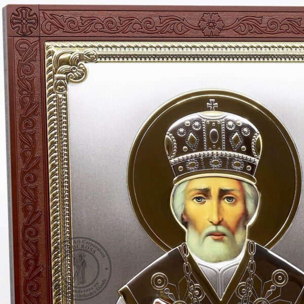 Large Wooden Russian Orthodox Icon St Nicholas Wonderworker, Silver Plated 999 handmade ( 11.7" X 9.2" ) 30cm X 23.5cm. B485 - Image 5