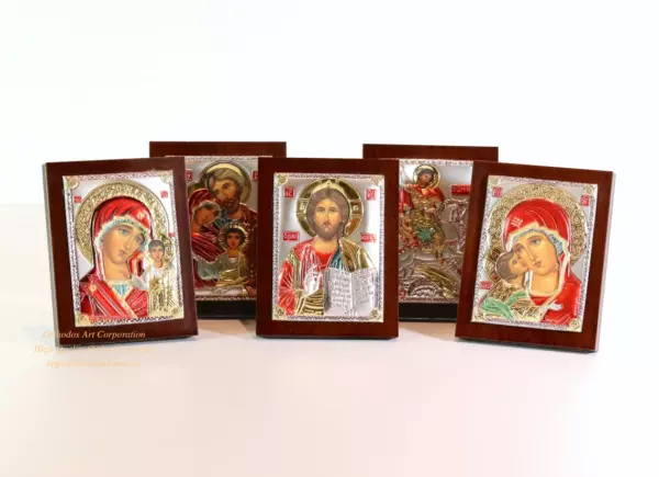 Set of 5 Orthodox Icons Lord Jesus Christ, Mother of God Kazan, Mother of God Vladimir, Holy Family, St George. Silver Plated .999.Handmade.