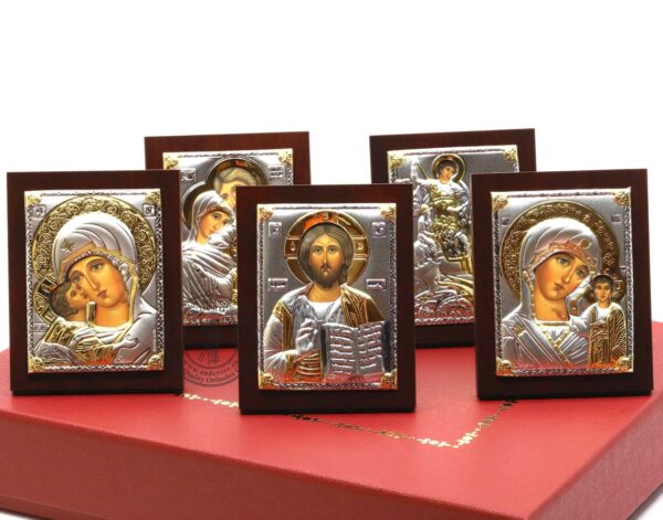 Gift Set of 5 icons.Lord Jesus Christ. Mother of God Kazan. Mother of God Vladimir. Holy Family. St George. icons(6.4cm X 5cm) Silver Plated