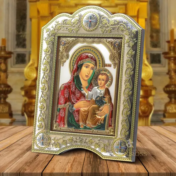 Virgin Mary Of Jerusalem, The Christian icon 21cmx28cm Gold and Silver Version, Coloured/Frame with glass, Handmade, Gift box