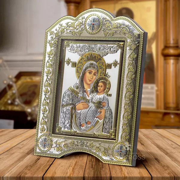 Silver icon Virgin Mary of Bethlehem, The Christian Orthodox icon 21x28 Gold and silver version/Frame with glass, Handmade, Gift box