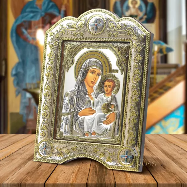 Silver icon Of Virgin Mary Of Jerusalem, The Christian Orthodox icon 21cmx28cm, Silver Plated 999/Frame with glass, Handmade, Gift box.