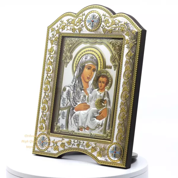 Silver icon Of Virgin Mary Of Jerusalem, The Christian Orthodox icon 21cmx28cm, Silver Plated 999/Frame with glass, Handmade, Gift box. - Image 3