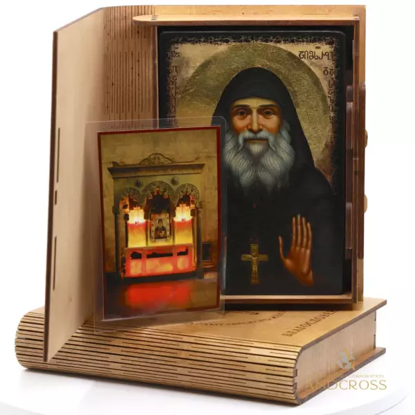 Orthodox St Gabriel Urgebadze Icon, handicraft, Гавриил (Ургебадзе) a piece of cloth consecrated on the relics of the saint, wooden box - Image 2